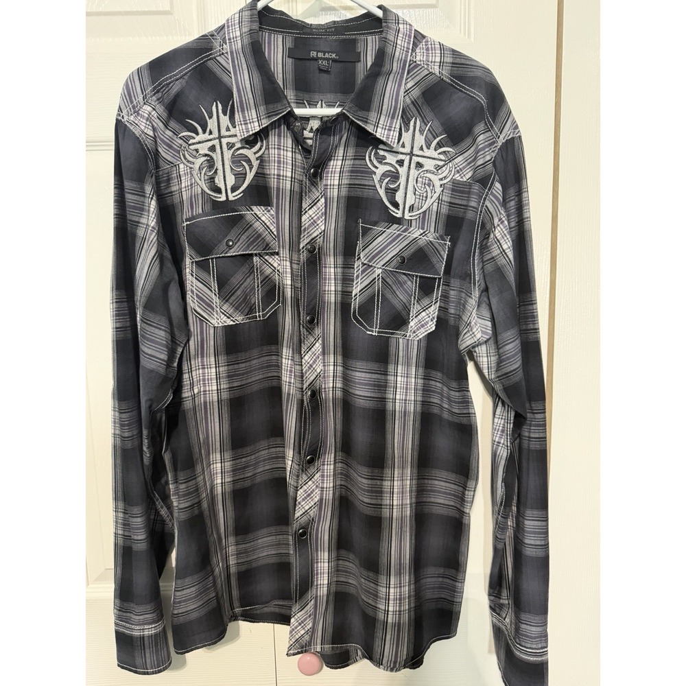 CJ Black Button-Up Shirt Plaid‎ Cross Embroidery Sizes XXL